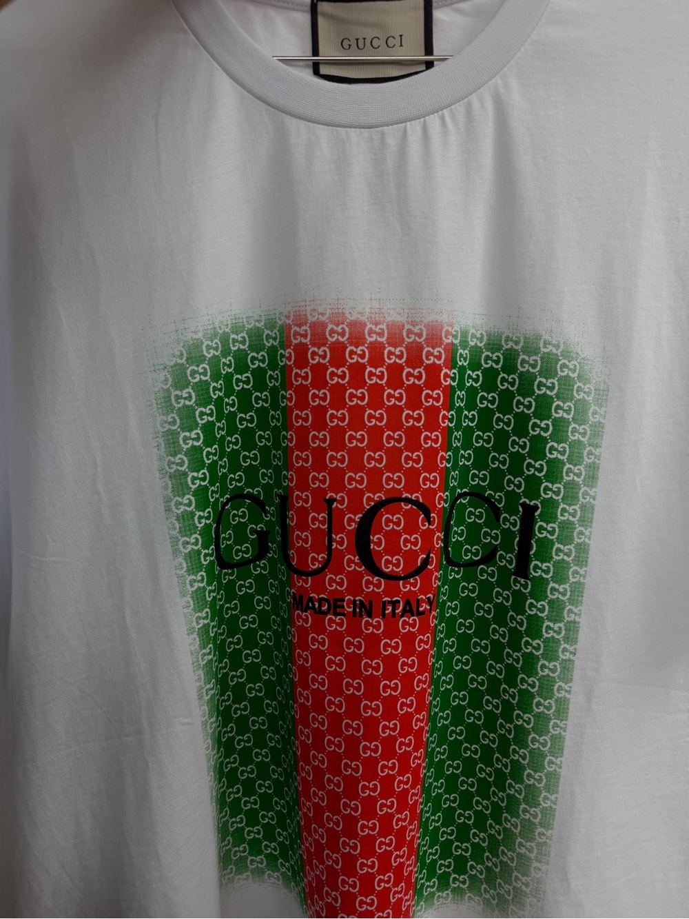 Gucci White Short Sleeve Tee with Red & Green Logo Panel